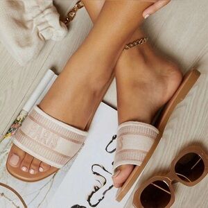 Cream Slide Sandals with Quilted Strap